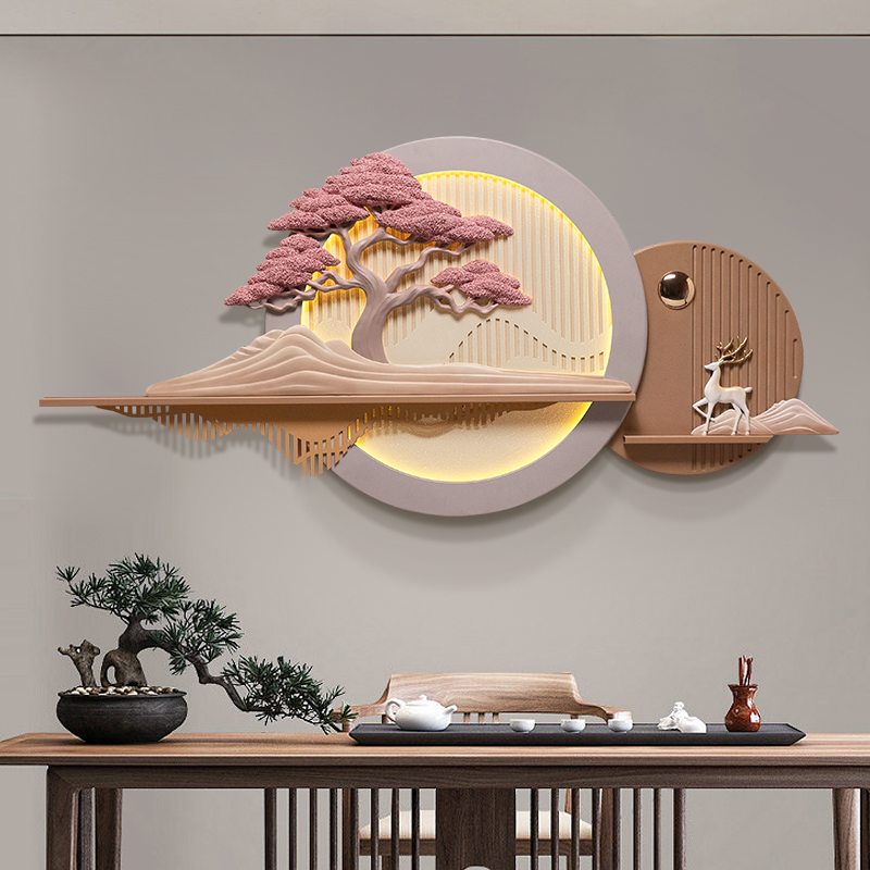 中式大气沙发背景墙挂画客厅浮雕高级感壁画氛围灯餐厅立体装饰画图片