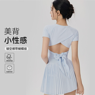 健身上衣短袖带胸垫镂空美背瑜伽服女紧身显瘦普拉提运动t恤套装