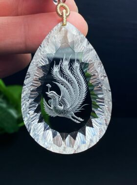 收藏级精品天然巴西白水晶千禧钻石精工凤凰吊坠 雕工精美