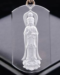 天然白水晶观音吊坠男白水晶挂件黄水晶全身莲花观音菩萨项链