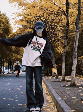 速发撞色插肩母加绒卫衣秋vitage大码字袖圆领百衣上搭外套