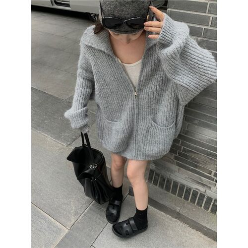 速发韩毛休闲宽松翻领版衣慵懒高级感口袋设计开衫外套新款