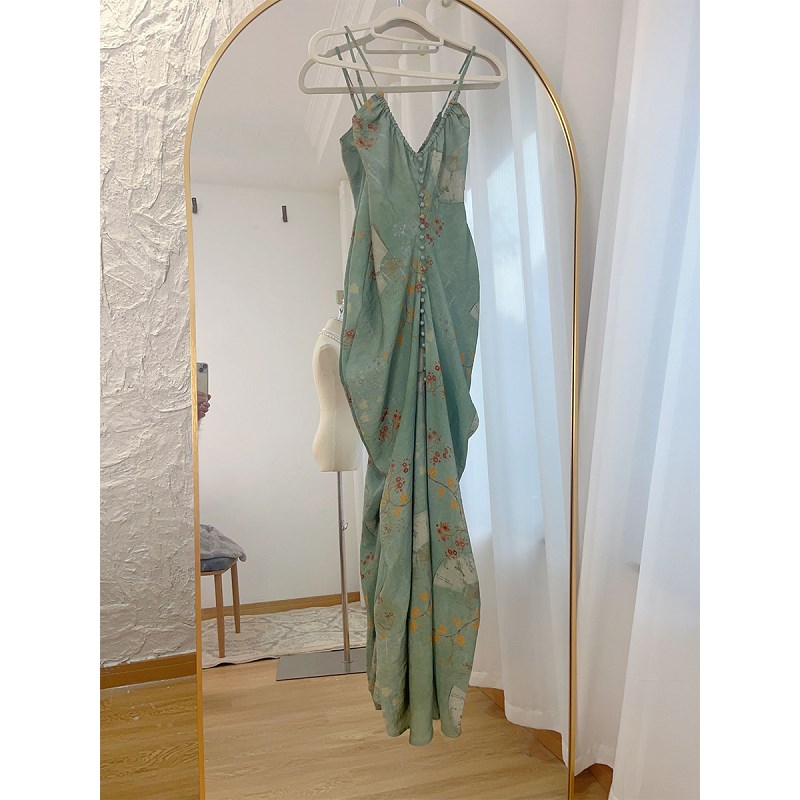 速发Good Job青风新中式国带连衣裙复古水墨晕染吊鸾裙新款露背长