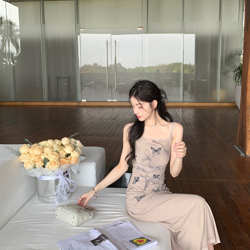 高货ex steves蝴蝶水墨印花收腰吊带连衣裙夏季长款裙子