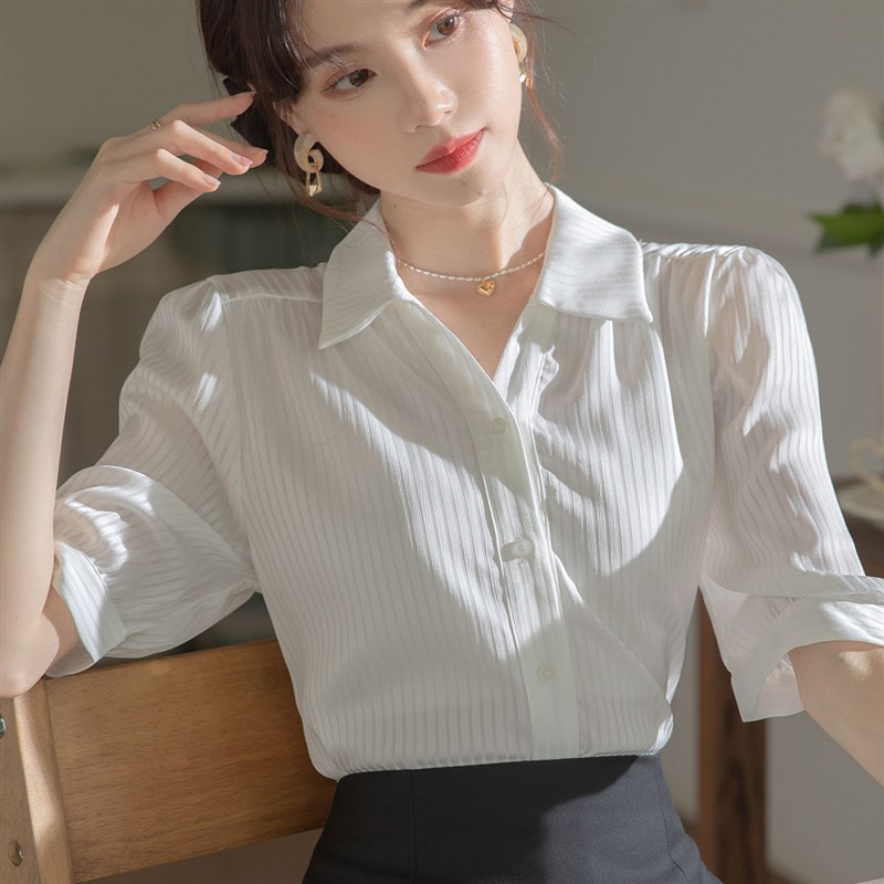 速发五分袖夏装白色上衣中正工作服面试套季职业袖装衬衣