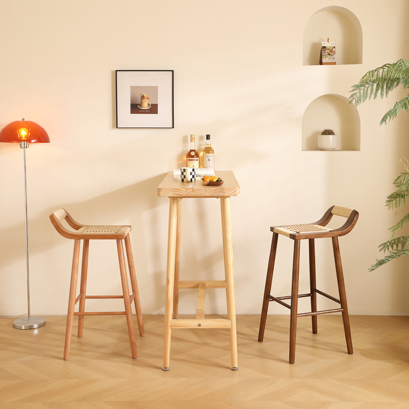 实木吧台凳子牛皮纸绳藤编织小方