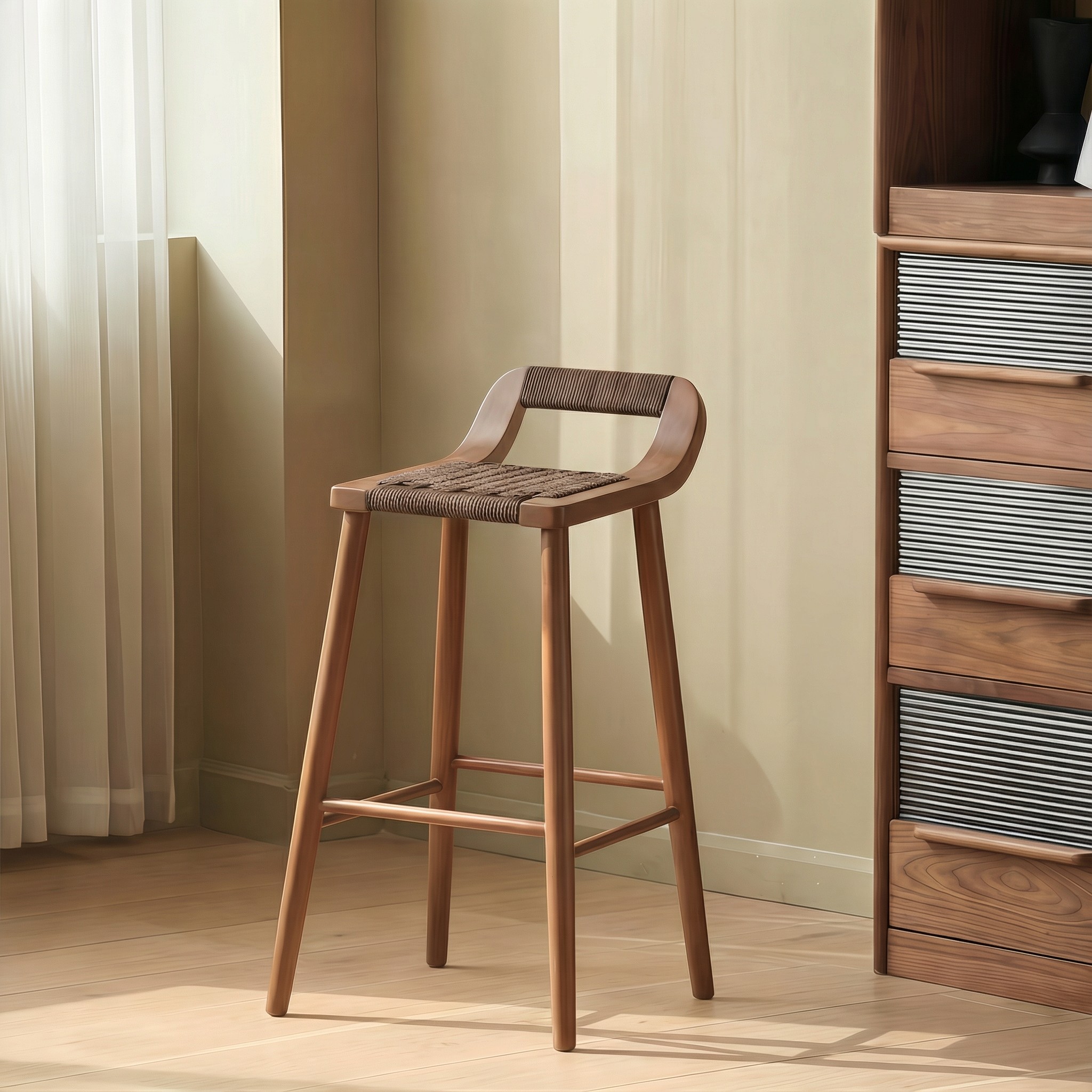 法式实木梳妆凳复古风吧台凳家用餐厅绳编吧台椅设计师款高脚凳子