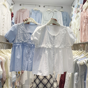 十三行2025夏新款法式镂空短袖衬衫女设计感小众宽松显瘦遮肚上衣