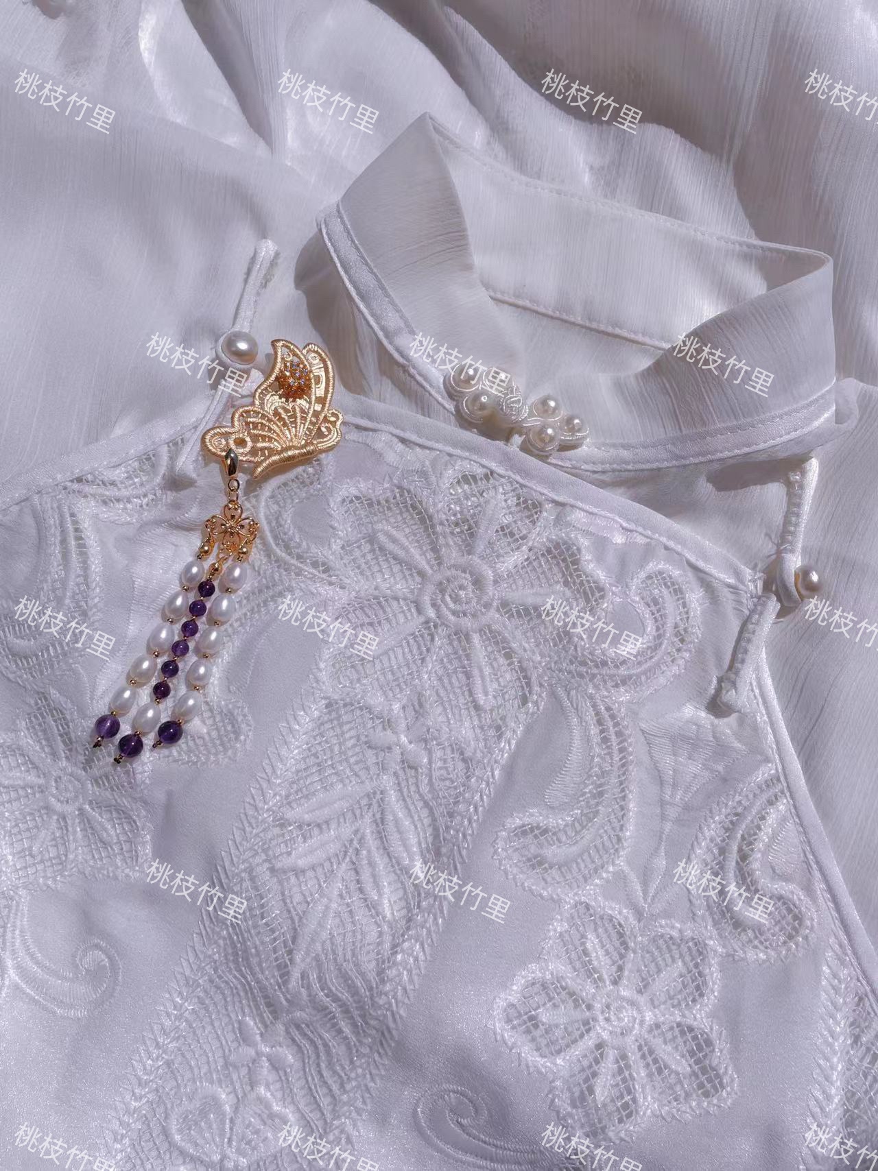 新款国风旗袍压襟汉服配饰天然紫水晶淡水珍珠流苏蝴蝶胸针别针款