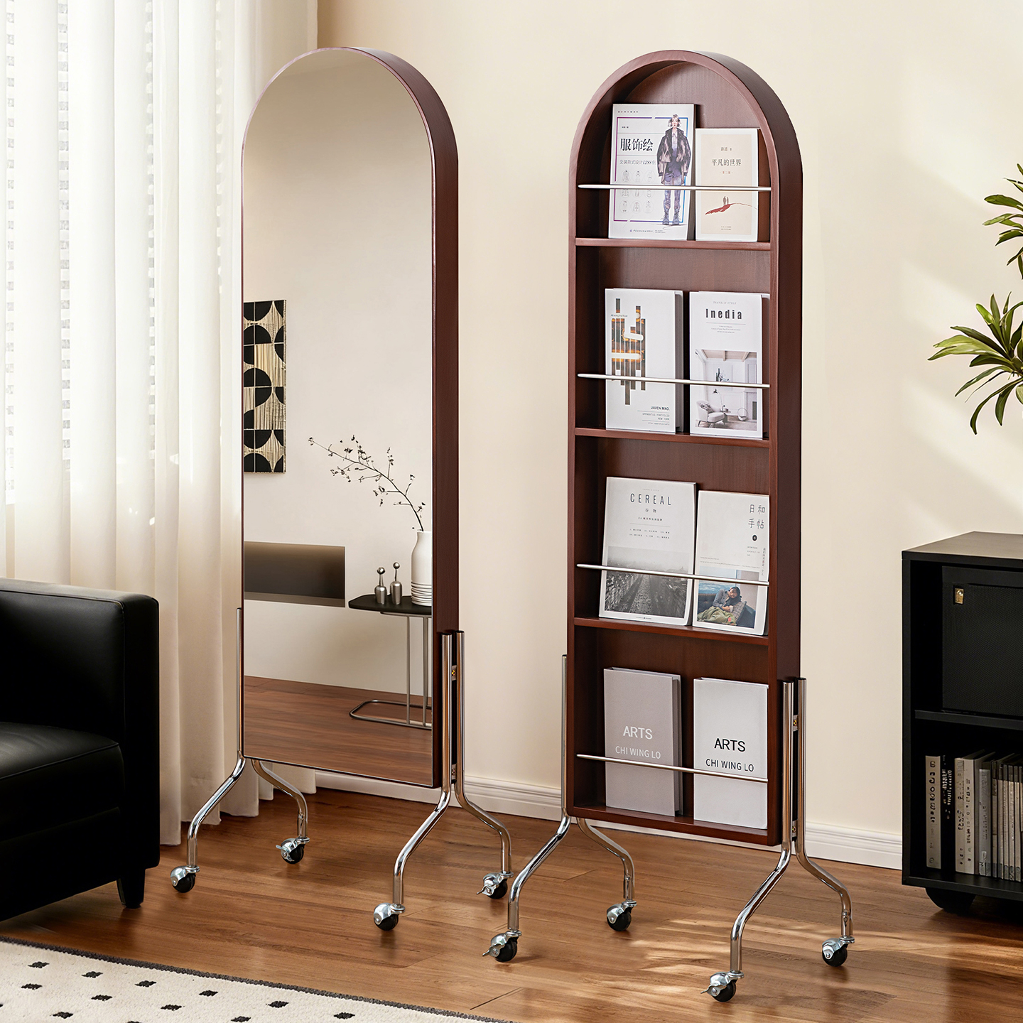 实木穿衣镜子中古全身镜家用移动卧室试衣旋转收纳杂志架落地复古
