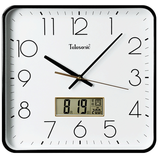 TELESONIC/天王星静音客厅挂钟方形居家日历时英钟表简约卧室壁钟