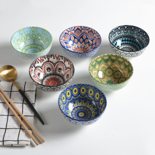 日式 青花瓷米饭碗4.5寸直口碗家用复古手绘釉下彩陶瓷吃饭碗小碗