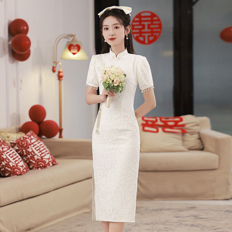 速发白色订婚旗袍小个子领证登记礼服连衣裙中式蕾丝高级感改良