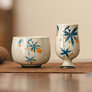 速发极素手绘枇茗茶杯个人品用主人杯草木灰功夫茶具专杷杯陶瓷闻