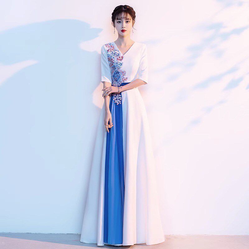 速发拼色大合唱团演出服红色长裙红歌合唱队成人指挥服装主持晚礼