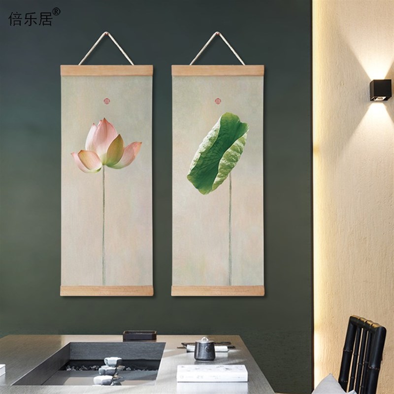 速发新中式清雅禅布荷画挂意画茶室书房墙饰装饰花墙画过道卷轴画