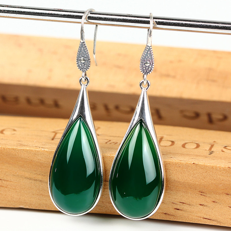 嘉顺银饰显脸瘦珠宝天然长款耳环气质 泰银女 绿玛瑙水滴耳饰简约