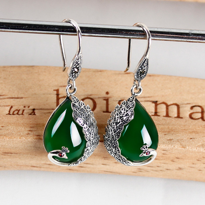 嘉顺泰银黄绿玉髓玛瑙耳环925银孔雀宝石耳坠耳饰复古女款银饰品