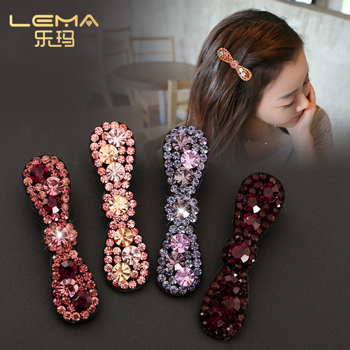 边夹女侧边网红韩国皮质水钻蝴蝶结头饰气质刘海夹前额鸭嘴小发夹