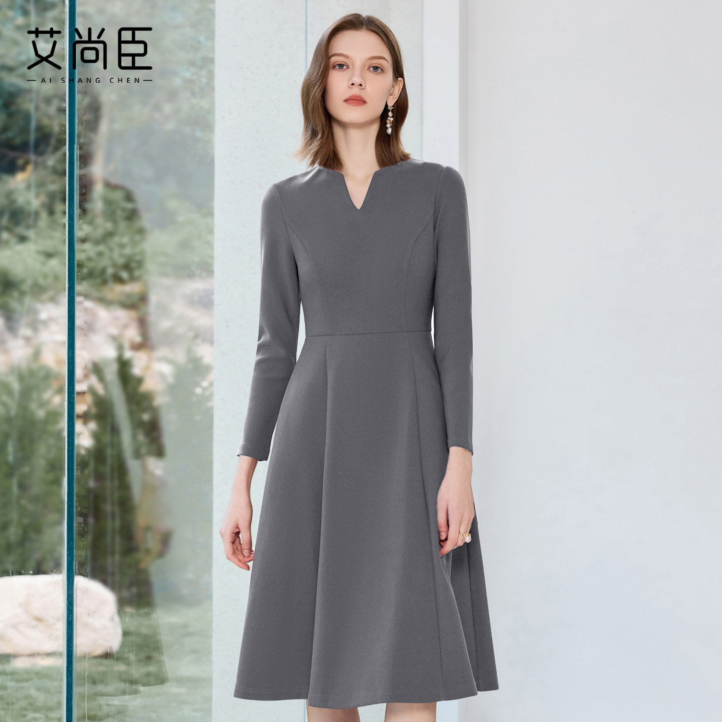 艾尚臣灰色职业连衣裙女气质设计感职业装优雅裙子正式场合工作服