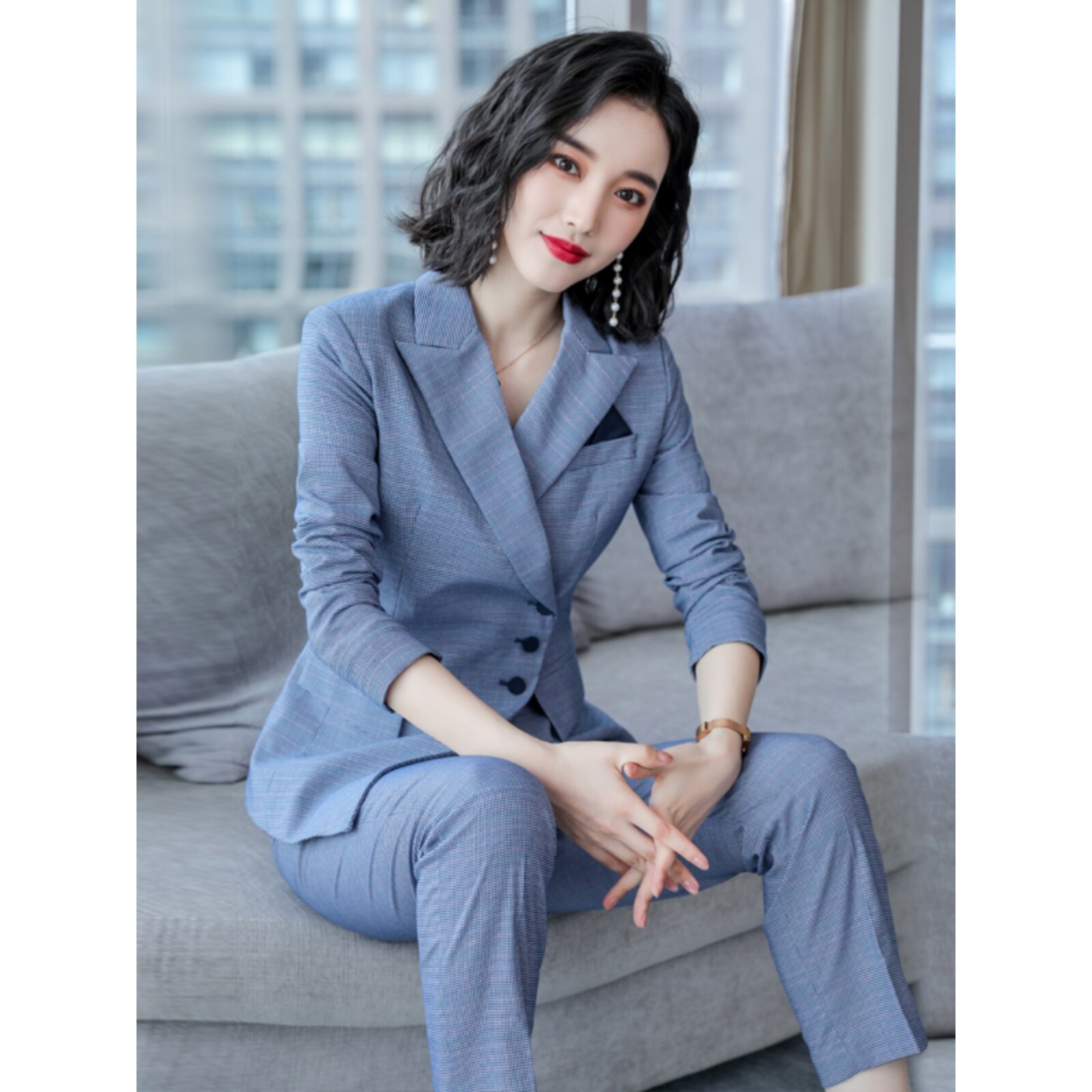 诗璐雅蓝格子西装套装女春秋长袖时尚名媛气质女神范总裁西服裤套