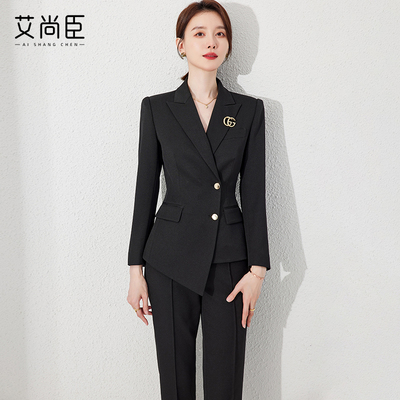 高级感黑色西装套装女春时尚不规则英伦风总裁职业装气质通勤正装