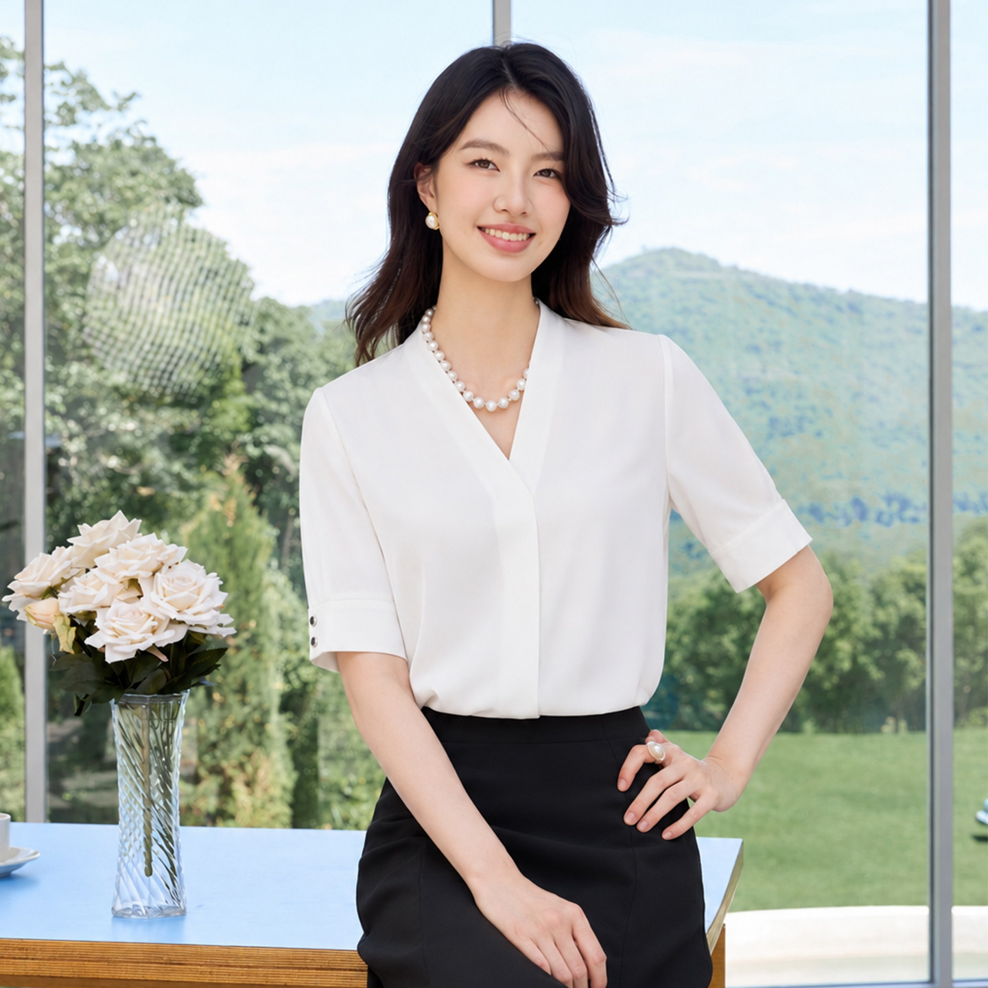 艾尚臣衬衫女款2026新款白色V领短袖夏季职业装通勤百搭职业衬衣