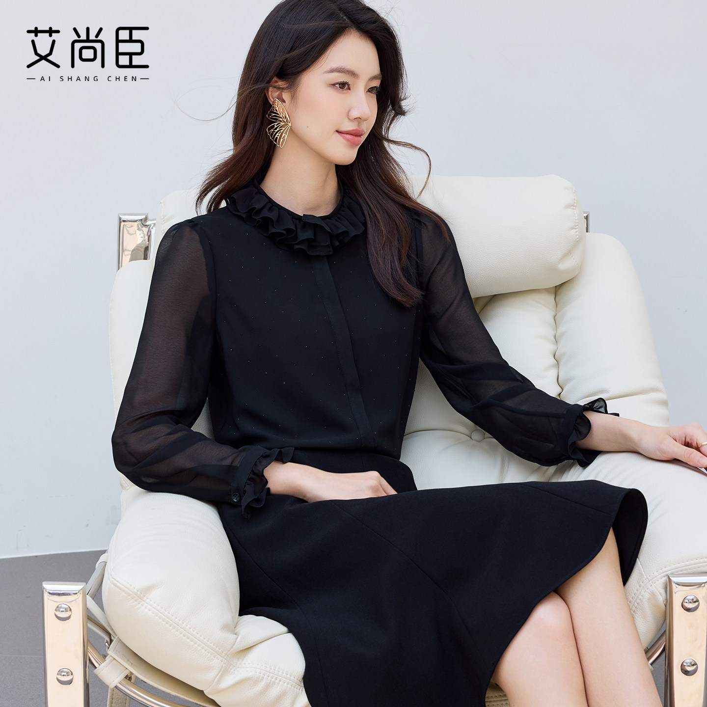 2025新款高级感长袖衬衫黑色显瘦气质小衫时尚洋气收腰显瘦套装