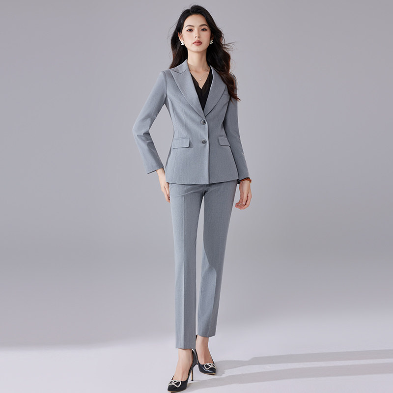 诗璐雅灰色薄款正装女西服套装气质职业通勤西装微喇裤两件套薄款