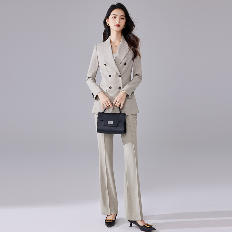 诗璐雅长袖西装套装女杏色双排扣西服微喇裤职业装高个子通勤正装
