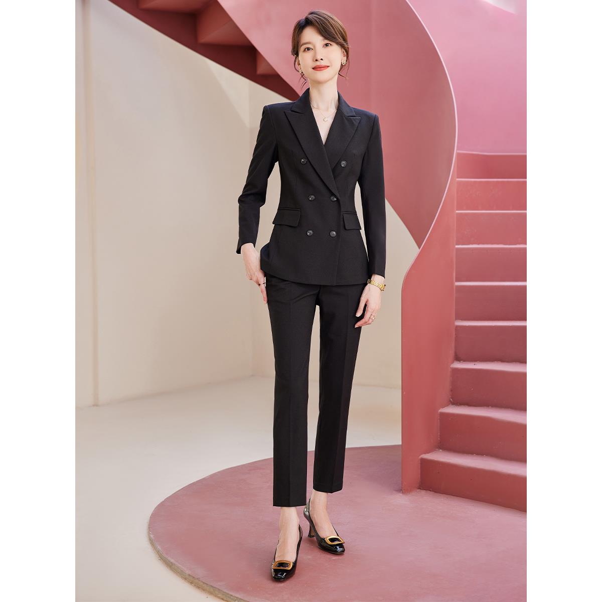 诗璐雅黑色商务西装女2025春季新款公务员面试职业装长袖干练西服