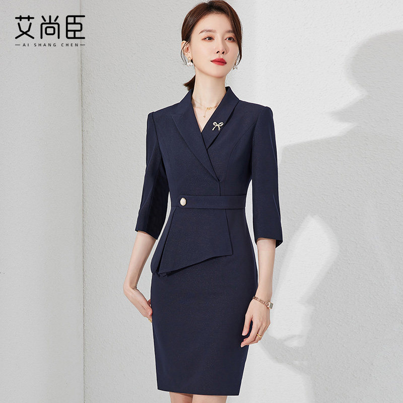 藏青职业西装连衣裙珠宝店工作服时尚高端主持人案场正装收腰裙子