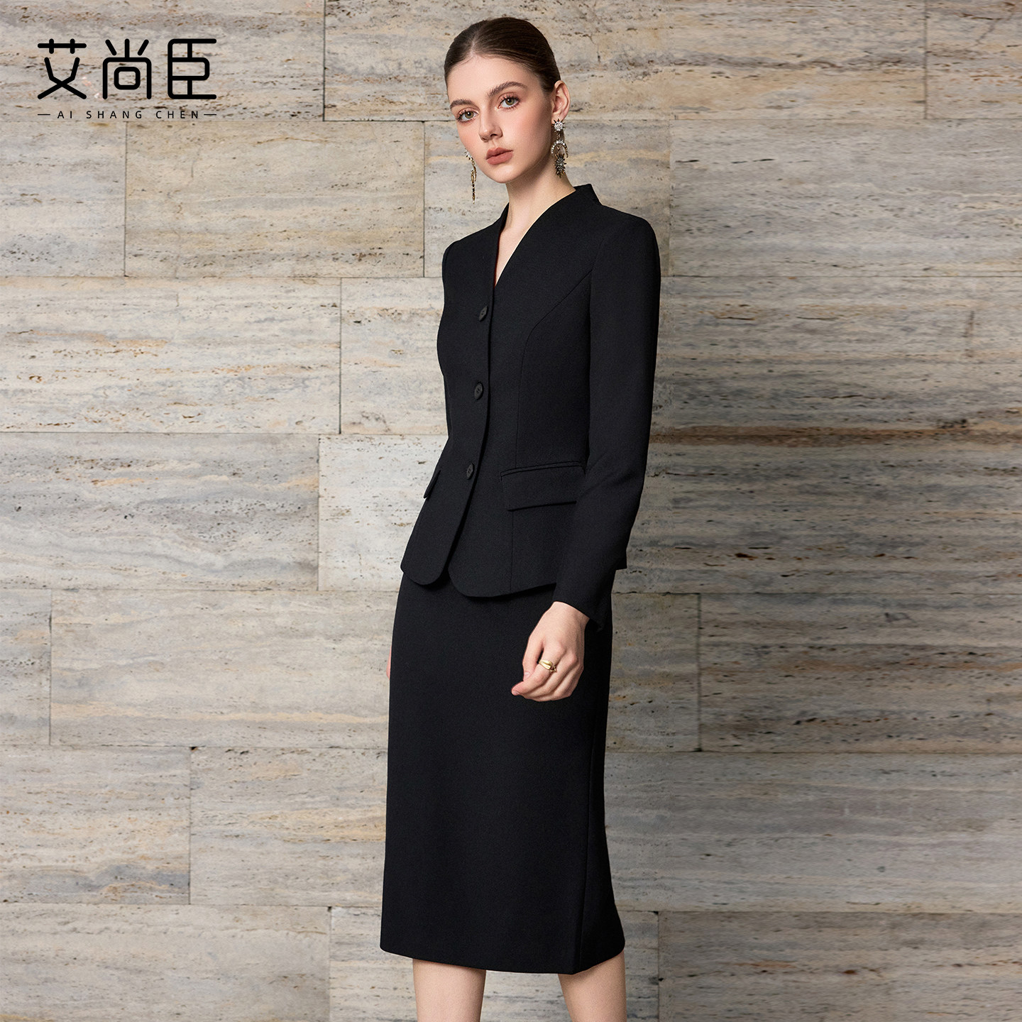 艾尚臣正式场合西装正装女职业套装黑色面试商务工作服西服两件套
