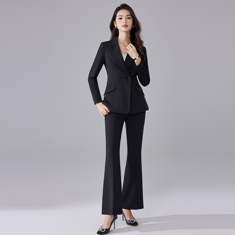诗璐雅高级感黑色职业西装两件套女讲师上镜正装微喇裤套装气质秋