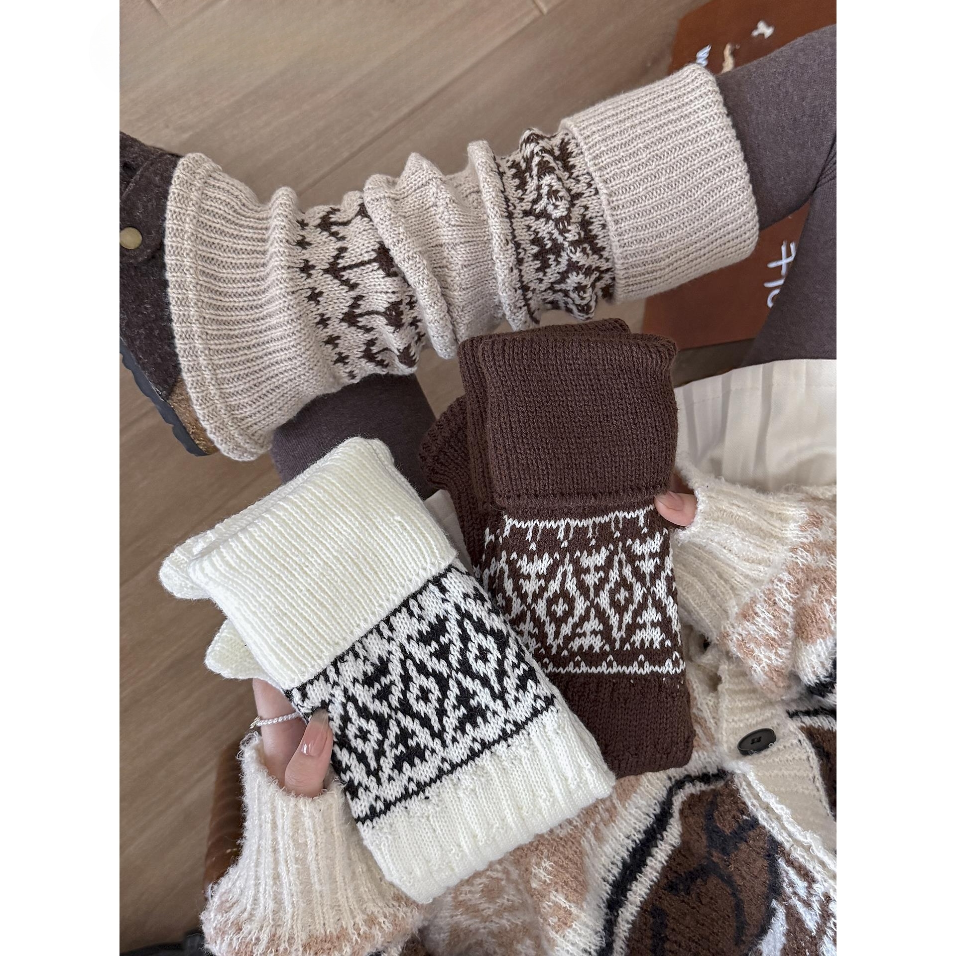 费尔岛针织长筒袜套秋冬季加厚粗线小腿袜y2y穿搭靴套翻口堆堆袜