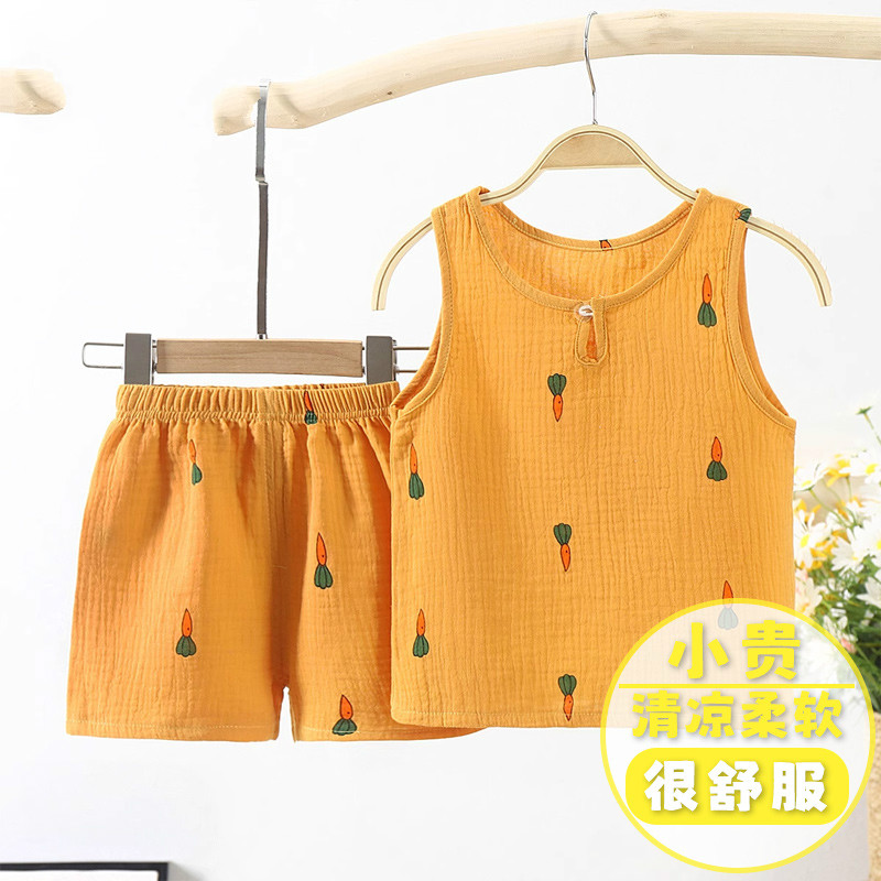 男童家居服婴儿分体短袖短裤宝宝空调服薄款儿童睡衣棉纱双层夏季