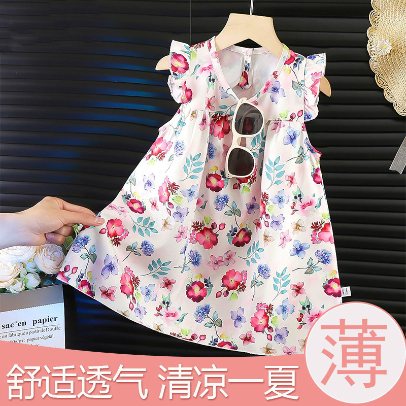 儿童连衣裙夏装2025新款飞袖背心裙女宝宝雪纺儿童碎花中小童裙子