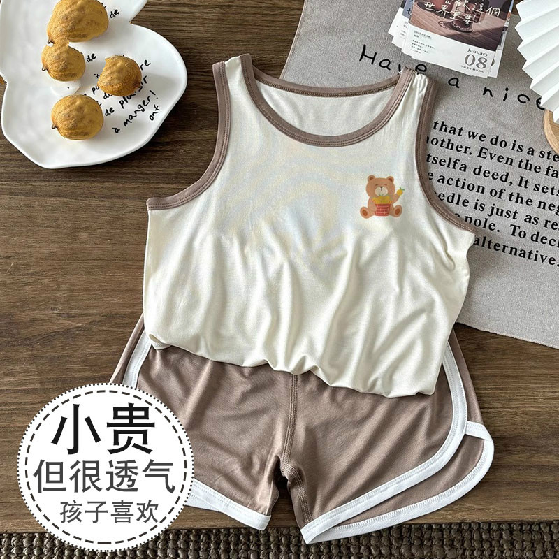 儿童莫代尔夏季背心短裤套装薄款男童女童宝宝无袖空调服两件套夏
