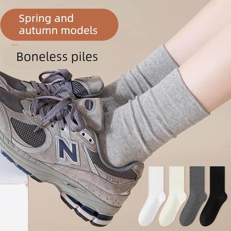 袜子女春秋款中筒袜纯棉灰色月子袜无骨中长筒秋冬配老爹鞋堆堆袜