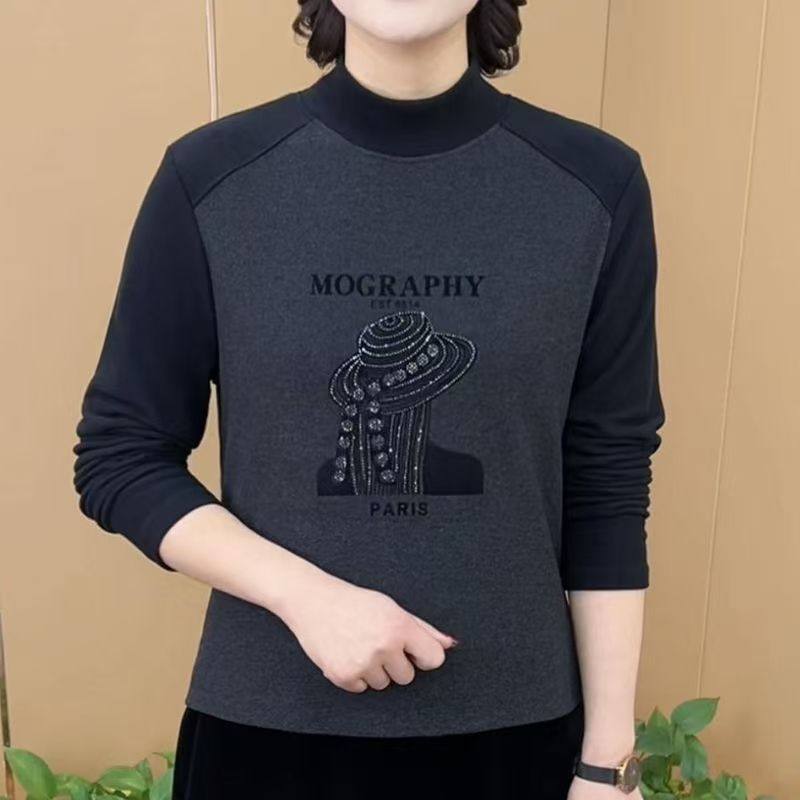 秋冬新款妈妈装德绒拼色字母保暖女半高领拼接烫钻长袖打底上衣女