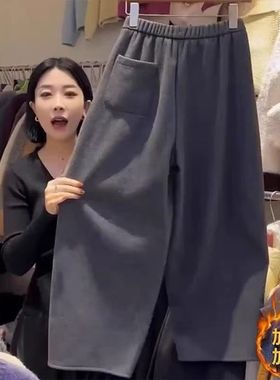 小个子加绒加厚休闲裤女冬季新款梨形身材宽松灰色九分弯刀卫裤子