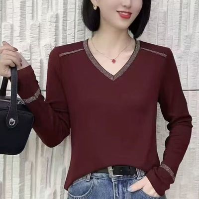 气质V领长袖上衣女打底衫女秋冬内搭可外穿高级感烫钻洋气百搭T恤