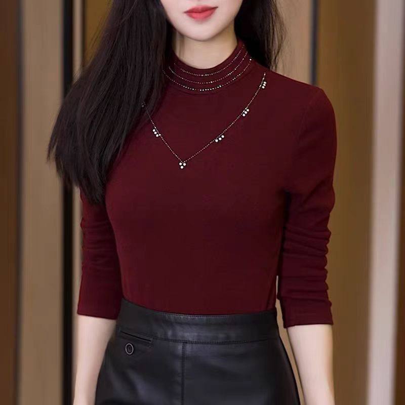 气质半高领烫钻保暖小衫女秋冬季新款百搭洋气安哥拉红内搭打底衫