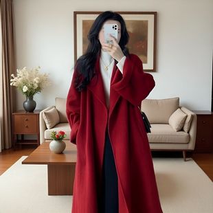 西西里红色中长款大衣女小个子秋冬季新款时尚显瘦高级感毛呢外套