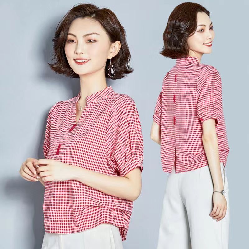 短袖红色格子衬衫女新款小众设计感V领夏季遮肚上衣经典百搭小衫