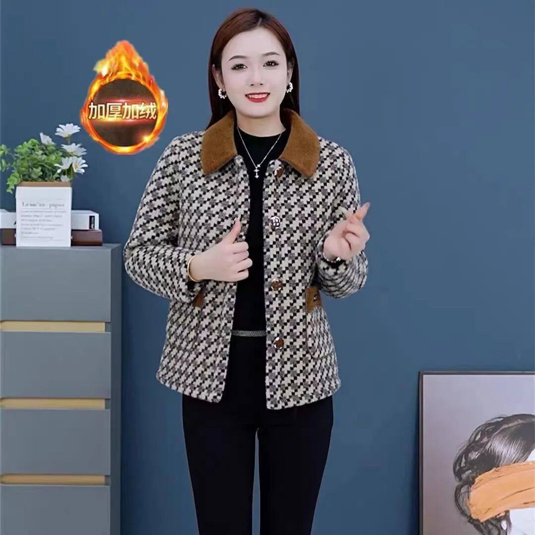 秋冬装外套女格子短款洋气显瘦小个子妈妈装洋气新款加厚加绒女装