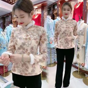 加绒加厚中式复古旗袍长袖女秋冬季新款高档遮肉显瘦卫衣外套上衣