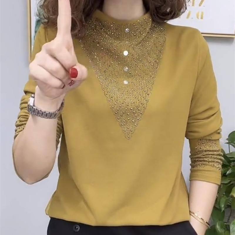 2026秋季新款时尚烫钻长袖T恤女百搭高档中年打底衫显瘦保暖上衣