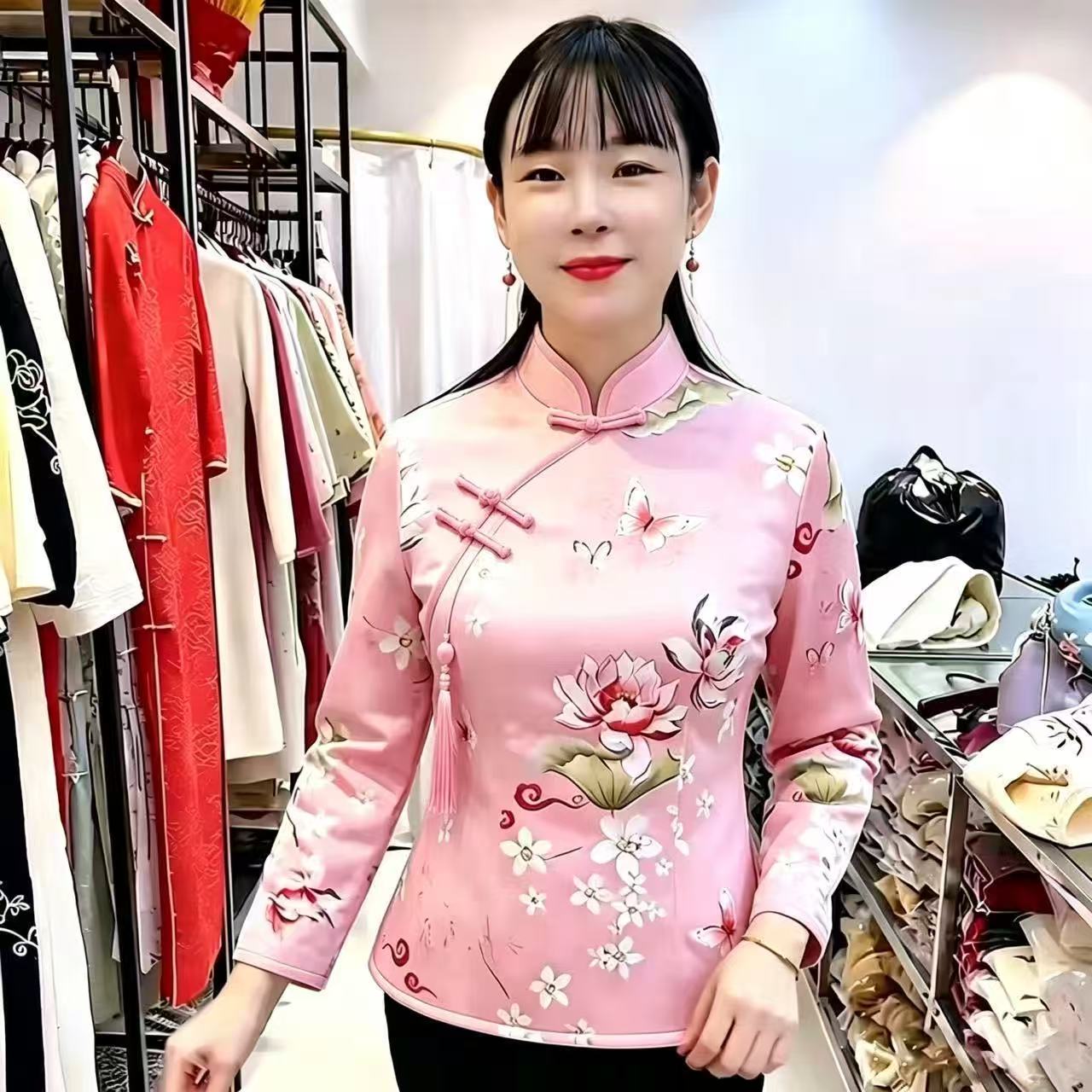 秋冬季新中式改良旗袍长袖卫衣女立领盘扣花卉短款上衣中国风上衣