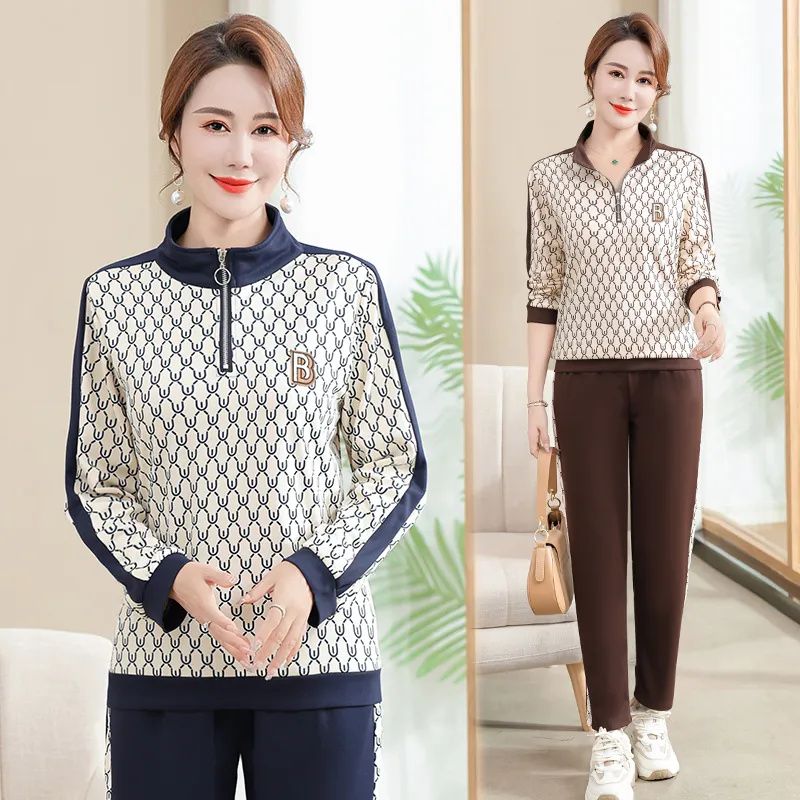 胖妈妈大码长袖运动套装女春秋装新款洋气中年妈妈两件套运动服女